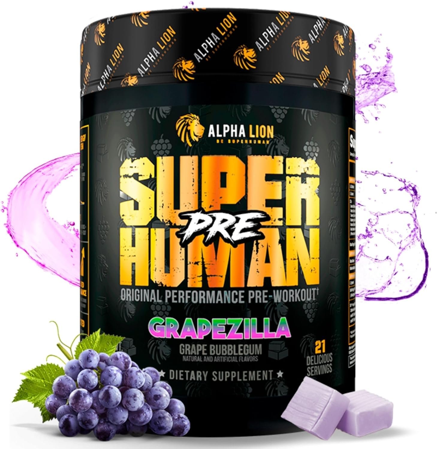 ALPHA LION Superhuman Pre Workout Powder, Beta Alanine, L-Taurine  Tri-Source Caffeine for Sustained Energy  Focus, Nitric Oxide  Citrulline for Pump (21 Servings, Grapezilla)