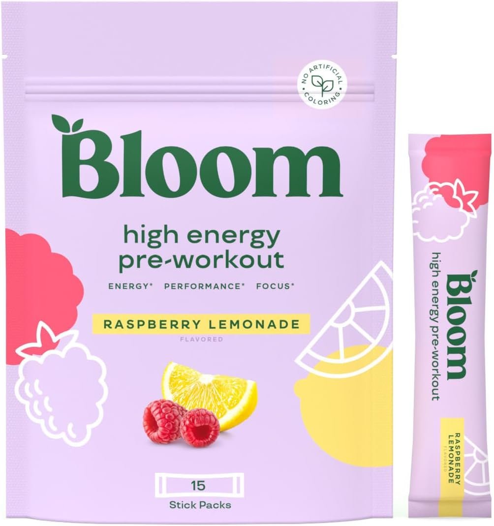 Bloom Nutrition High Energy Pre Workout Powder for Women - Natural Caffeine Powder from Green Tea Extract, w/Beta Alanine, Ginseng  L Tyrosine, Sugar Free  Keto Stick Packs (Raspberry Lemonade)