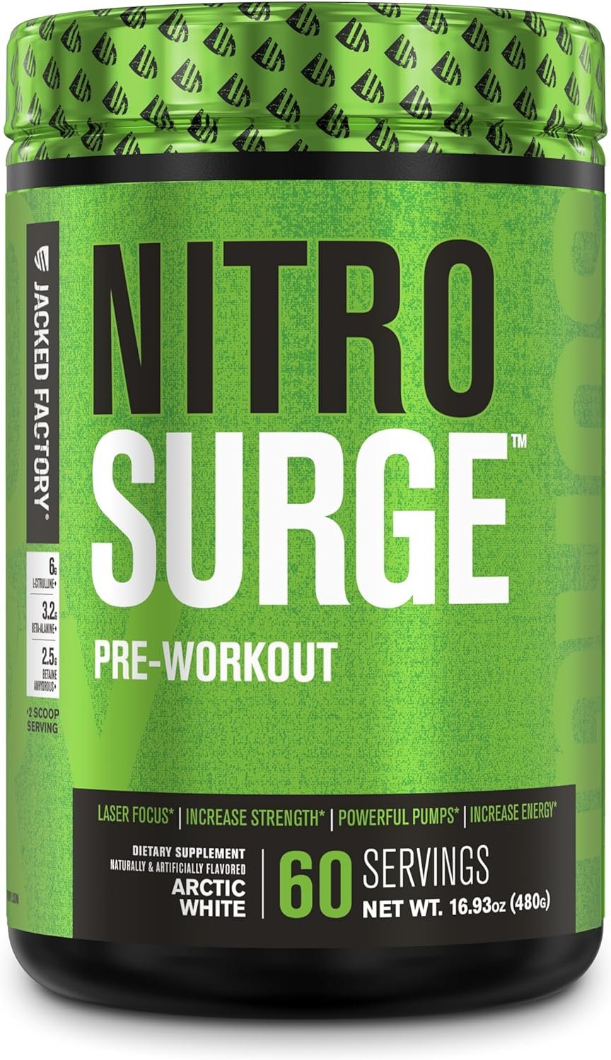 Jacked Factory NITROSURGE Pre Workout Supplement - Endless Energy, Instant Strength Gains, Clear Focus, Intense Pumps - NO Booster  Preworkout Powder with Beta Alanine - 30 Servings, Cherry Limeade