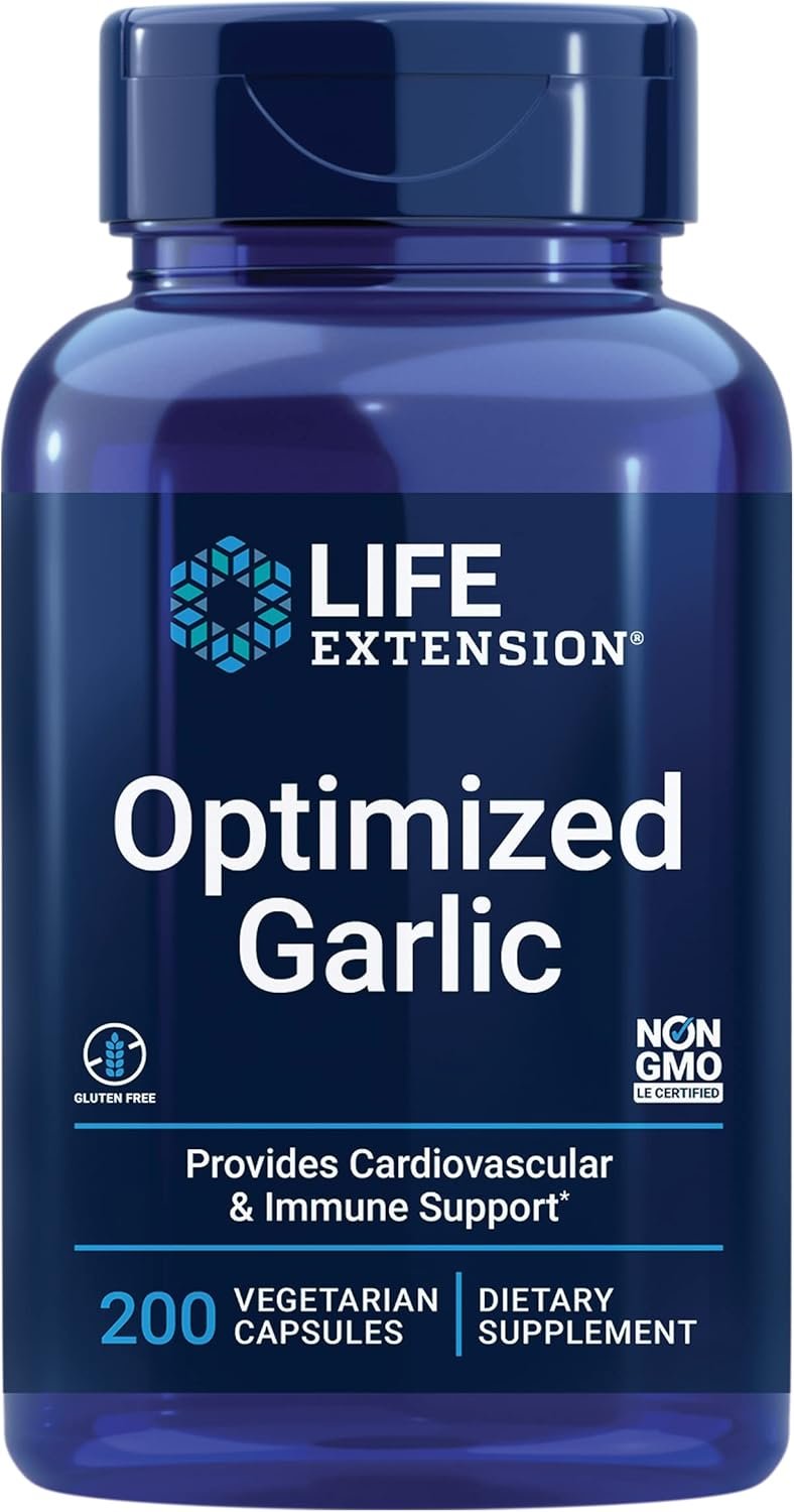 Life Extension Optimized Garlic 1200 mg – Garlic Extract Supplement for Heart Health  Immune System Support – Gluten-Free, Non-GMO, Vegetarian – 200 Capsules