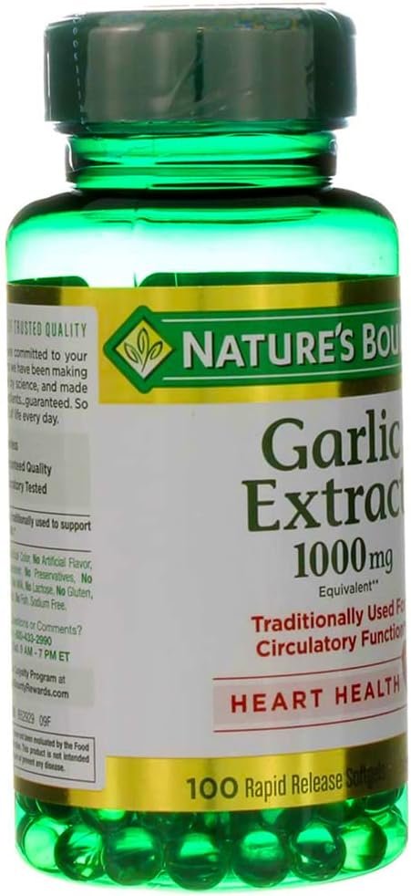 Natures Bounty Garlic Extract 1000 mg, Promotes Heart Health and Cholesterol Support100 Rapid Release Softgels, contains Soybean oil, gelatin, vegetable glycerin.