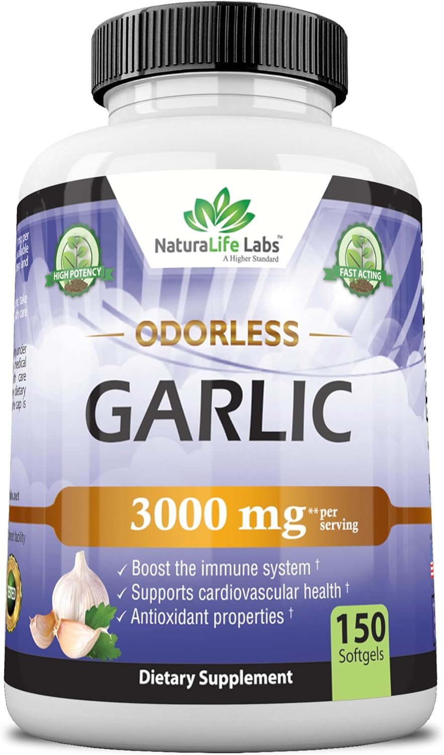 Odorless Pure Garlic 3000 mg per Serving Maximum Strength 150 Soft gels Promotes Healthy Cholesterol Levels Immune System Support