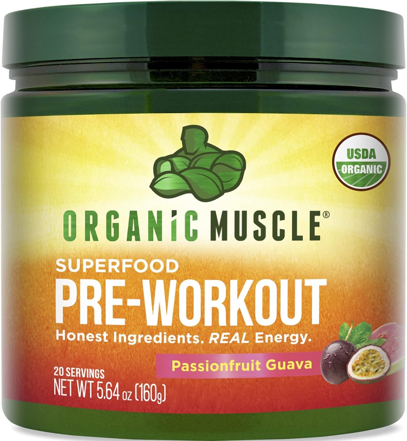 Organic Muscle Clean Pre Workout Powder for Men  Women, Passionfruit Guava - USDA Organic Preworkout Supplement for Endurance - Vegan, Natural, Plant-Based, Low Caffeine Pre-Workout Energy Powder