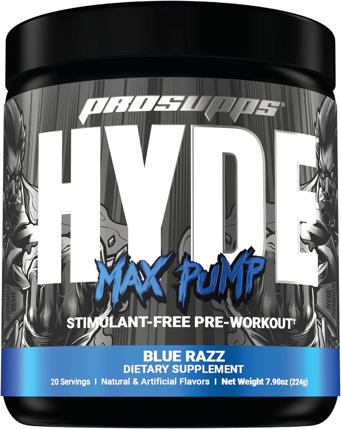 PROSUPPS Hyde Max Pump Pre Workout for Men and Women - Nitric Oxide Supplement for Pump and Endurance - Stimulant Free Pre Workout to Promote Blood Flow and Muscle Strength (Blue Razz, 20 Servings)