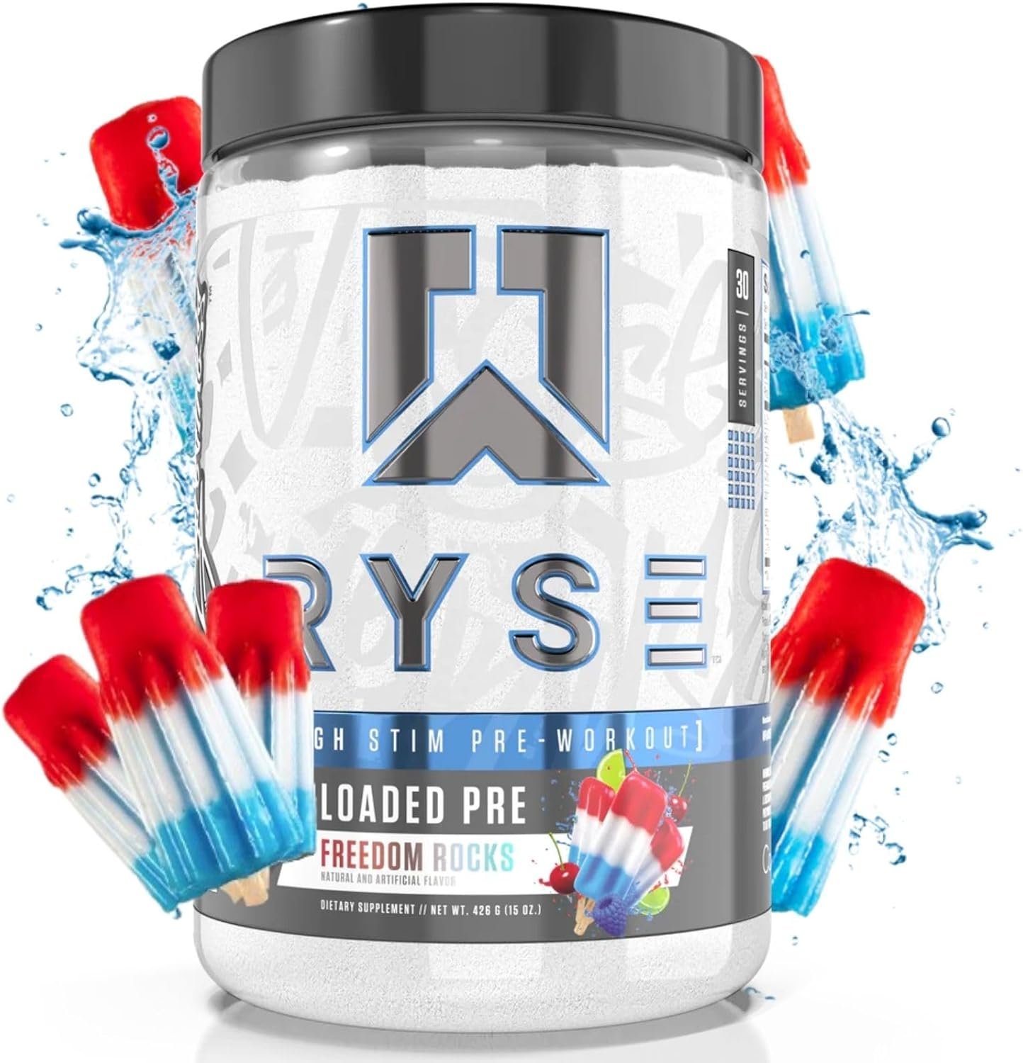 RYSE Up Supplements Loaded Pre Workout Powder Supplement for Men  Women | Pumps, Energy, Focus | Beta Alanine + Citrulline | 390mg Caffeine | 30 Servings (Freedom Rocks)