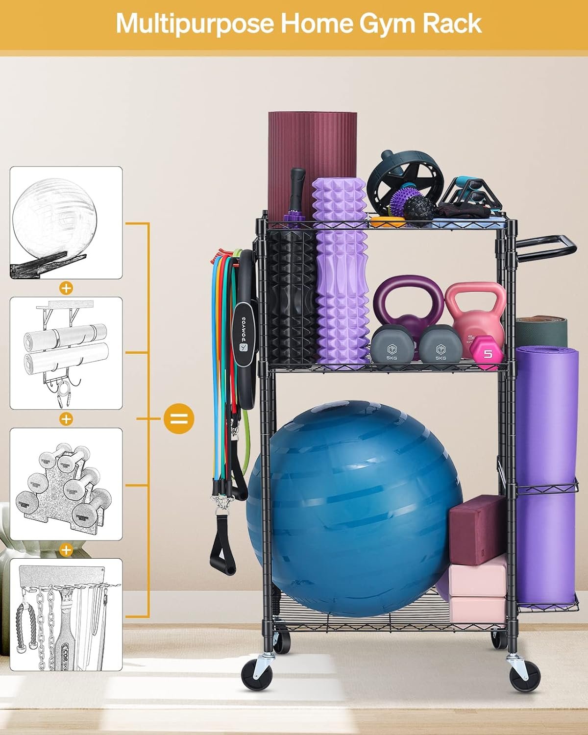 Yoga Mat Storage Rack, Home Gym Workout Equipment Storage Rack, Cart for Organizing Workout Room, Organizer Yoga Equipment Dumbbell Kettlebells Home Gym Storage Rack with Hooks and Wheels