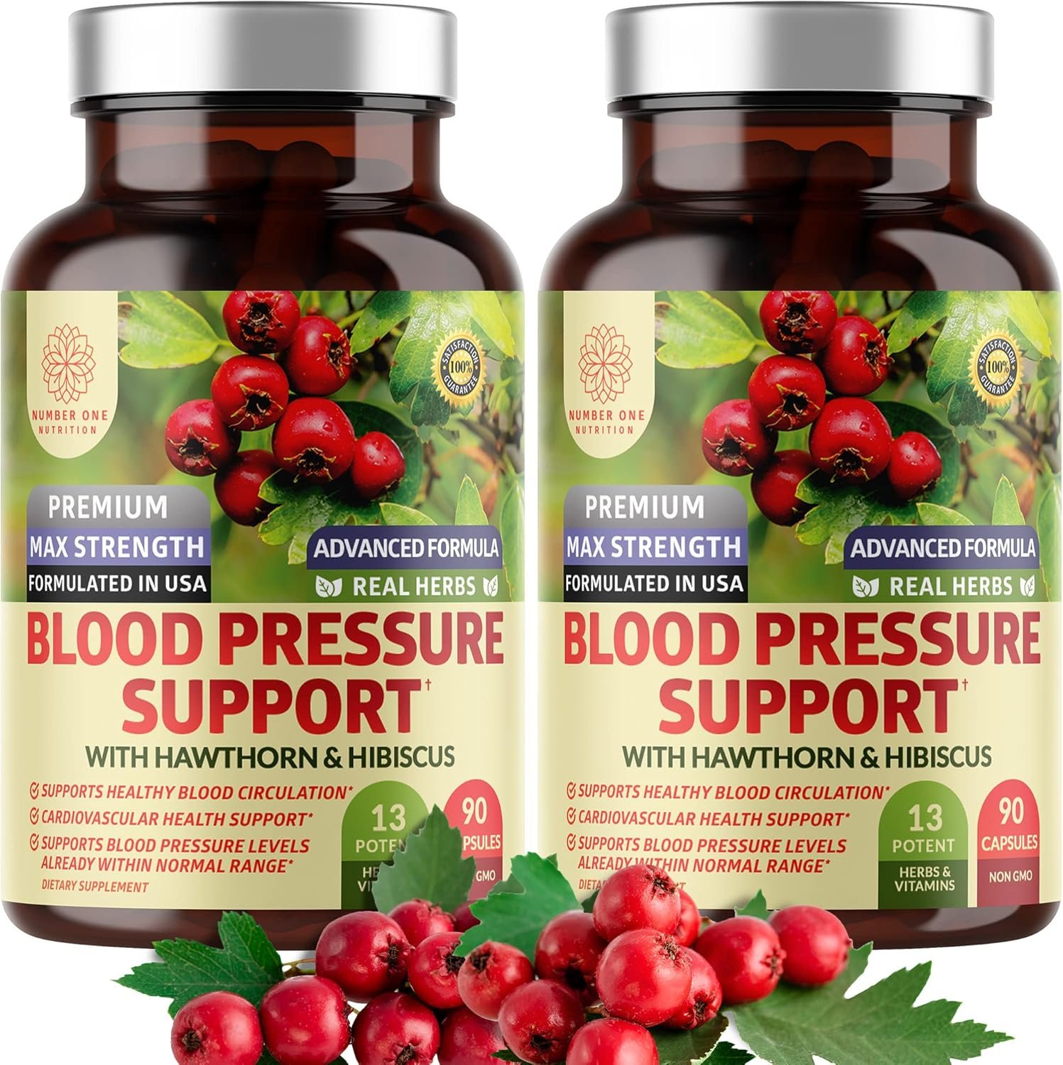 2-Pack N1N Premium Blood Pressure Support with Hawthorn and Hibiscus [13 Potent Ingredients], Natural Supplement to Support Cardiovascular  Circulatory Health, 180 Caps