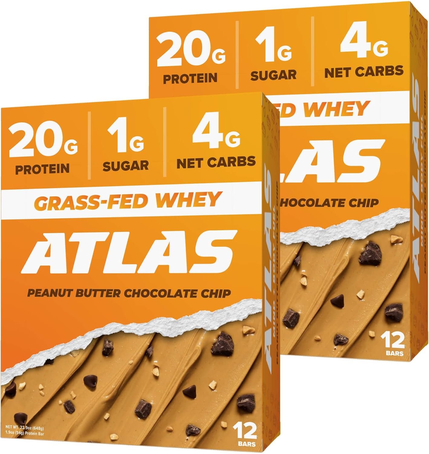 Atlas Protein Bar, 20g Protein, 1g Sugar, Clean Ingredients, Gluten Free (Peanut Butter Chocolate Chip, 12 Count (Pack of 2))