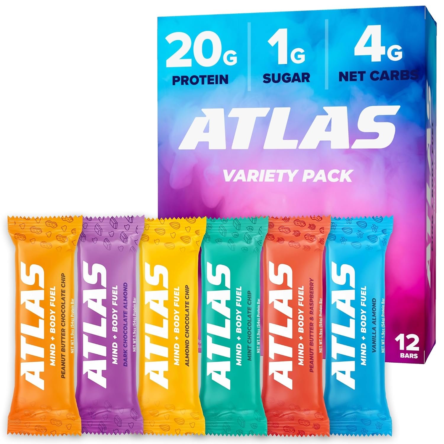 Atlas Protein Bar, 20g Protein, 1g Sugar, Clean Ingredients, Gluten Free (Whey Variety, 12 Count (Pack of 2))