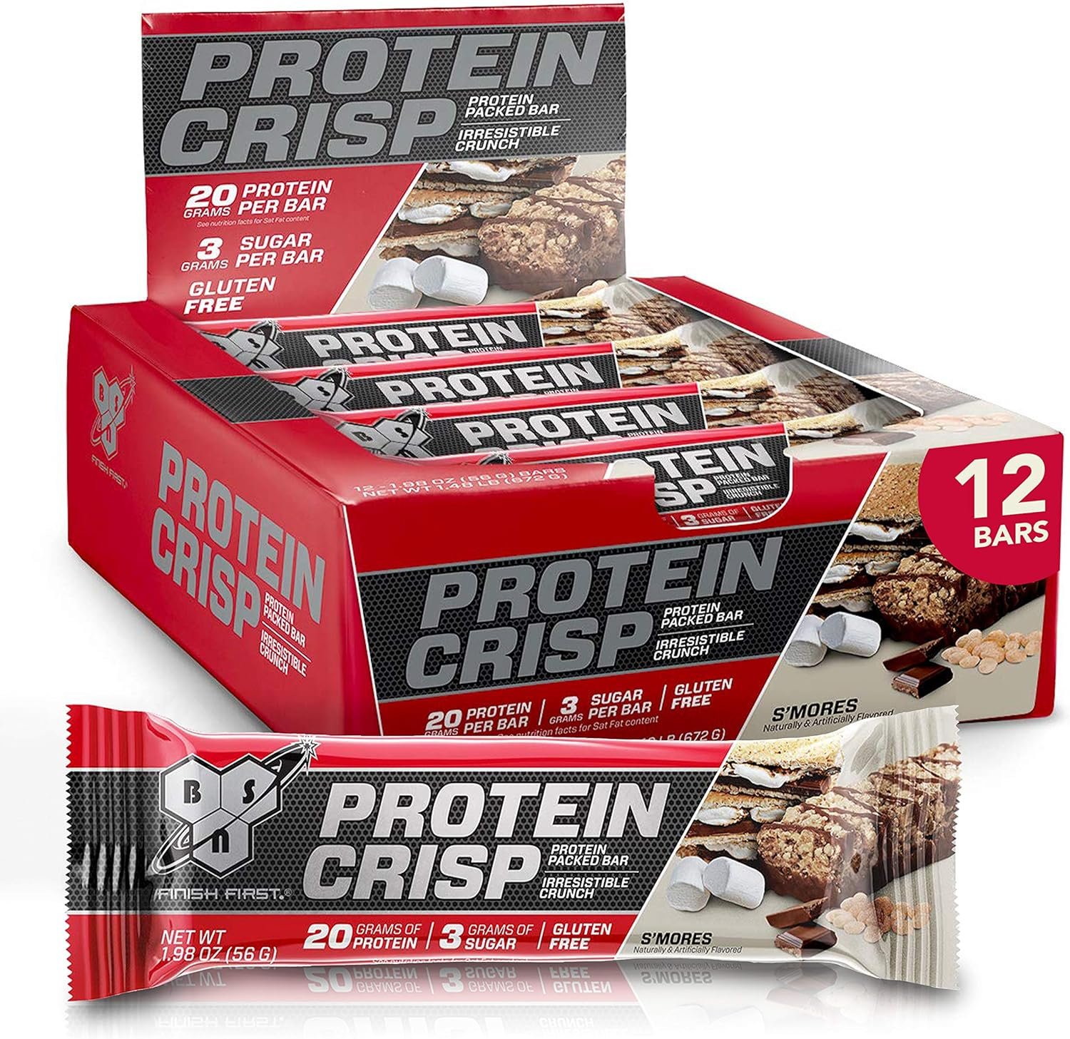 BSN Protein Bars - Protein Crisp Bar by Syntha-6, Whey Protein, 20g of Protein, Gluten Free, Low Sugar, Smores, 12 Count