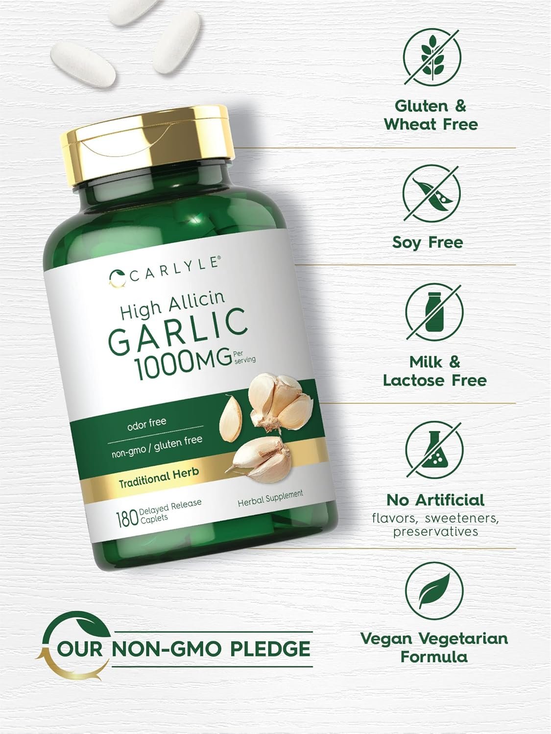 Carlyle Garlic Supplement with High Allicin | 180 Caplets | Odorless Garlic Pills | Vegetarian, Non-GMO, Gluten Free