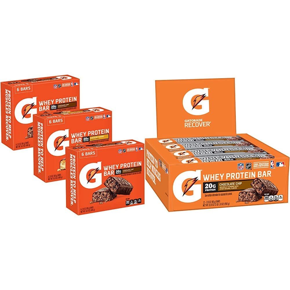 Gatorade Whey Protein Bars, Variety Pack, 2.8 oz bars, 18 Count (Pack of 1) and Gatorade Whey Protein Recover Bars, Chocolate Chip, 2.8 ounce bars (12 Count)