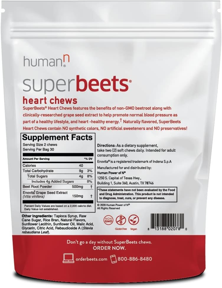 humanN SuperBeets Heart Chews - Nitric Oxide Production and Blood Pressure Support - Grape Seed Extract  Non-GMO Beet Energy Chews - Pomegranate Berry Flavor - 60 Count