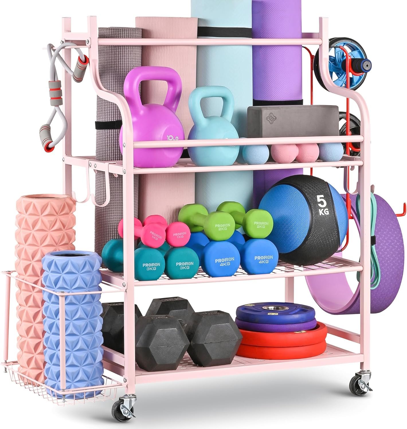 Mythinglogic Yoga Mat Storage Racks,Home Gym Storage Rack for Dumbbells Kettlebells Foam Roller, Yoga Strap and Resistance Bands, Workout Equipment Storage Organizer With Hooks and Wheels