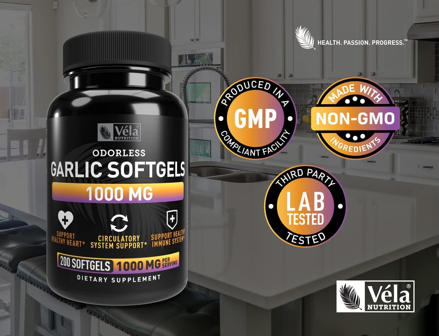 Odorless Garlic Supplement | 1,000 mg per Serving | Support Heart Health, Circulation, and Immune System | GMP Certified, Non-GMO, 3rd Party Tested | 200 Capsules