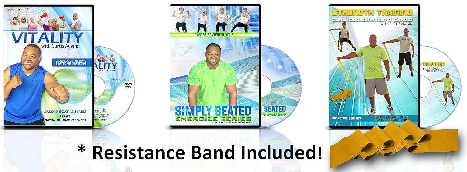 Premium, Senior Exercise DVD System- 5 DVDs + Resistance Band + Balance Exercises + Nutrition Guide + 3 Bonus Gifts. All Exercise for Seniors are Shown Both Standing and Seated in Chair Exercise for