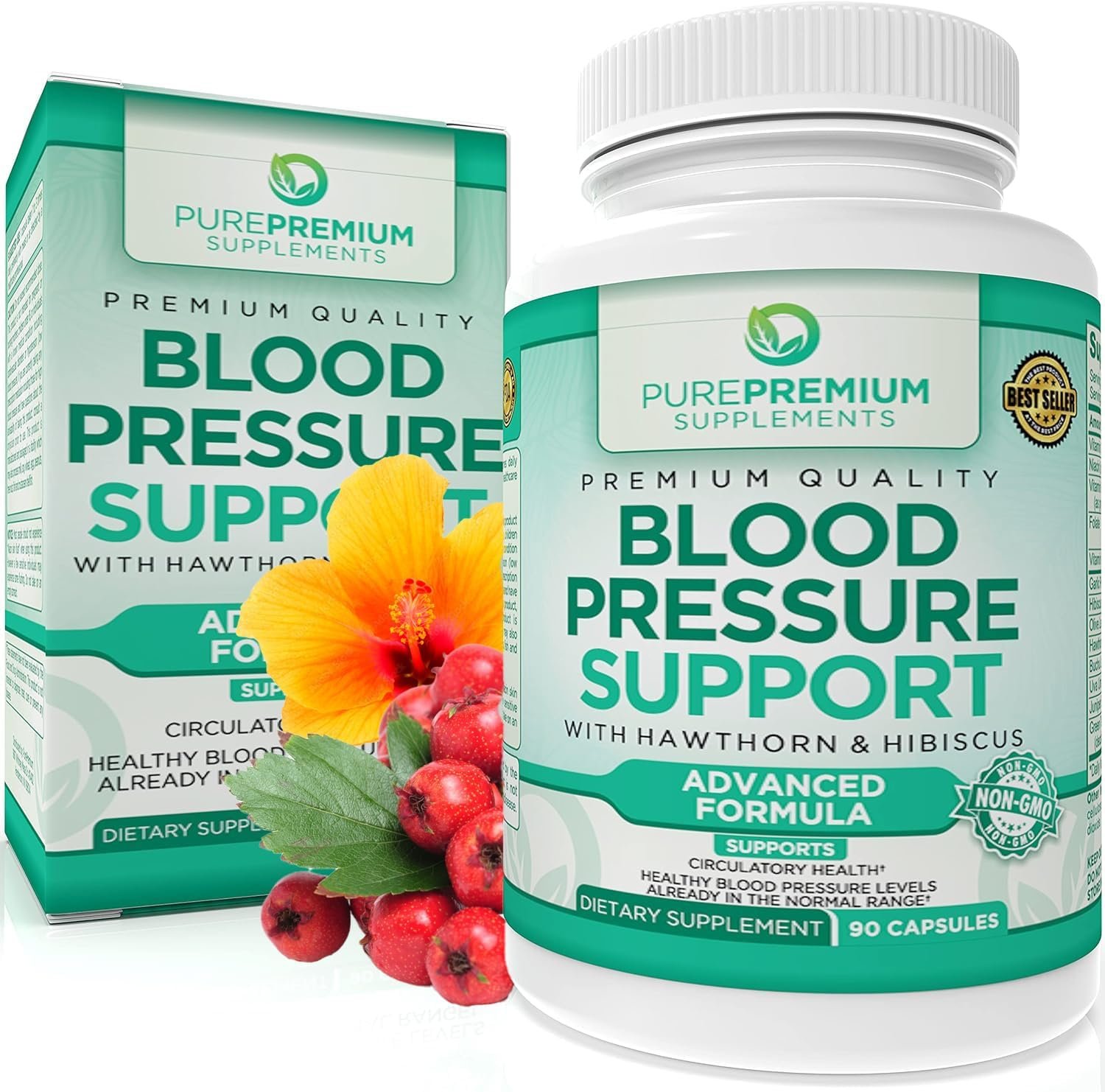 PurePremium Blood Pressure Support Supplement with Hawthorn, Hibiscus  Garlic - Herbal Supplement, Vitamins  Herbs Support Normal Heart Health - Garlic Supplements - 3 Months Supply - 90 Capsules