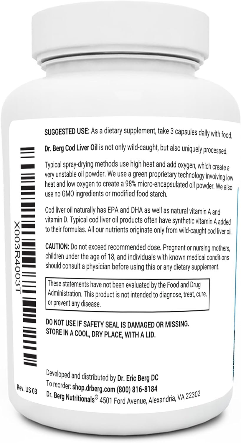 Dr. Berg Cod Liver Oil Capsules - New Formula Without OxBile - Rich in Omega-3 Fatty Acids (DHA  EPA), Vitamins A  D - No Smells or Bad Aftertaste - 90 Capsules