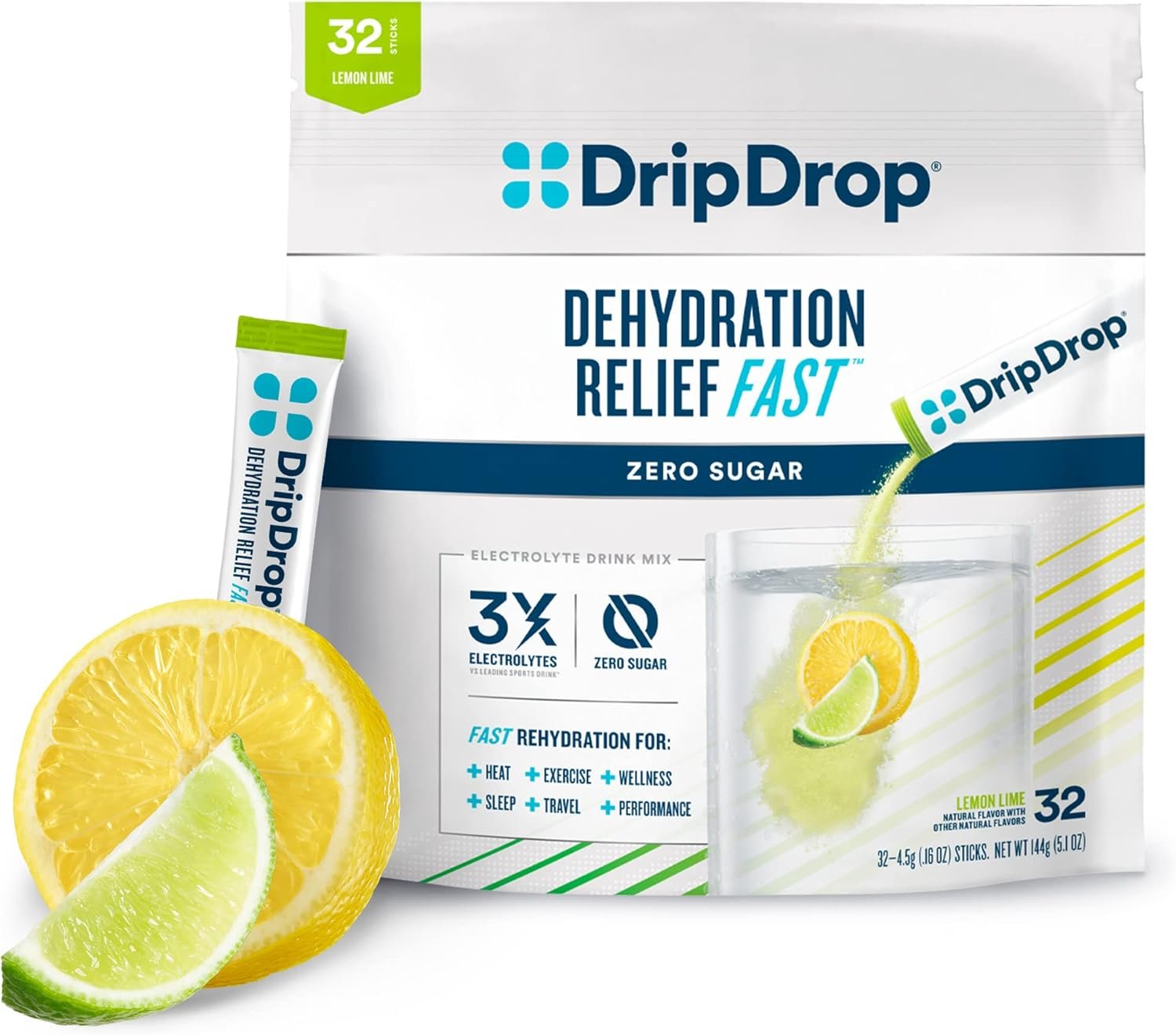 DripDrop Hydration - Zero Sugar Lemon Lime - Electrolyte Drink Mix Single Serve Hydration Powder Packets | Keto  Paleo Friendly | Non-GMO, Gluten Free, Vegan | 32 Sticks