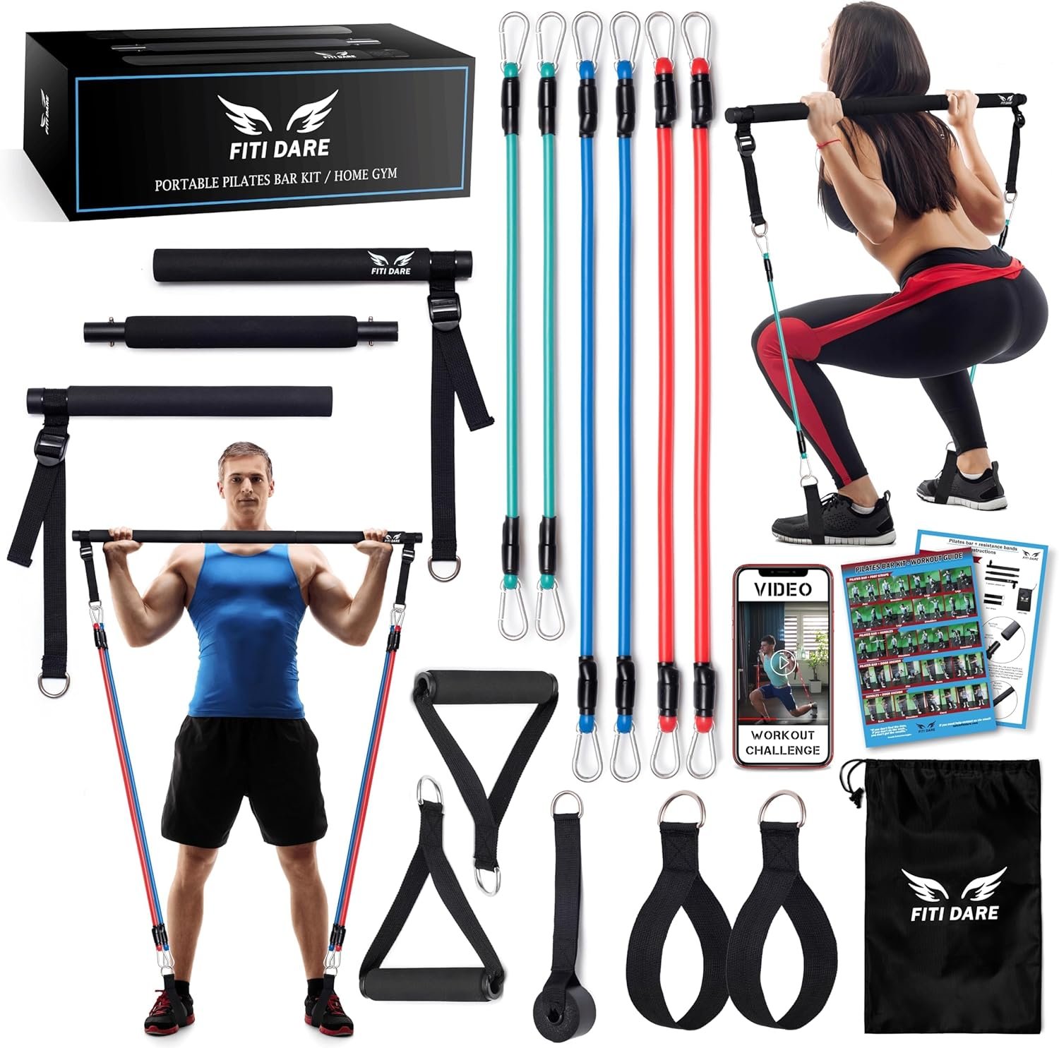 Multifunctional Pilates Bar Kit with Resistance Bands (25,30,35lb) and Videos | Portable Workout Equipment Home Gym for Women  Men of All Heights | Full Body Fitness Exercise Set