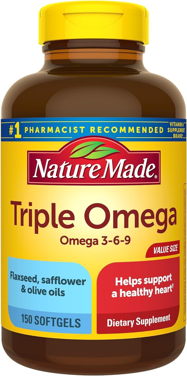 Nature Made Triple Omega 3 6 9, Flaxseed, Safflower,  Olive Oils, Healthy Heart Support, Fish Free Omega 3 Supplement, 150 Softgels, 75 Day Supply