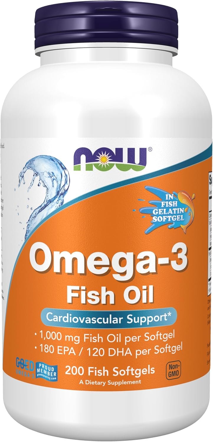 NOW Supplements, Omega-3 180 EPA / 120 DHA, Molecularly Distilled, Cardiovascular Support*, 200-Fish Gelatin Softgels,Packaging may vary