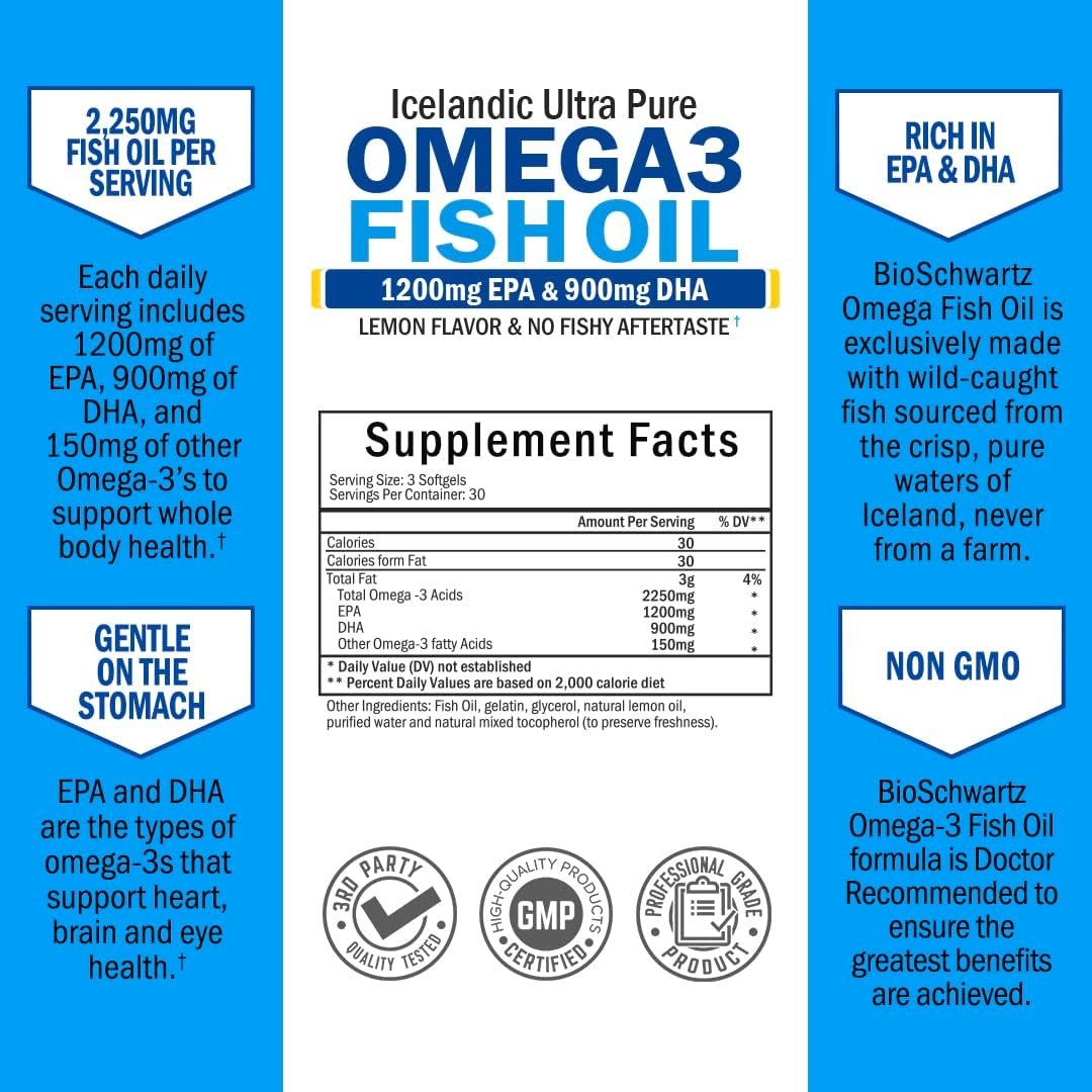 Omega 3 Fish Oil Supplement - 1200mg EPA and 900mg DHA Fatty Acid Per Serving - Supports Joint, Eyes, Brain  Skin Health - Burpless Lemon Flavor, Gluten-Free, 90 Softgels (Packaging May Vary)