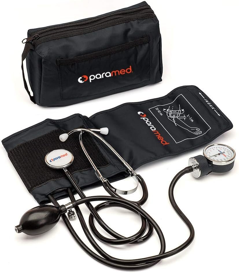 PARAMED Aneroid Sphygmomanometer with Stethoscope – Manual Blood Pressure Cuff with Universal Cuff 8.7-16.5 and D-Ring – Carrying Case in The kit – Black