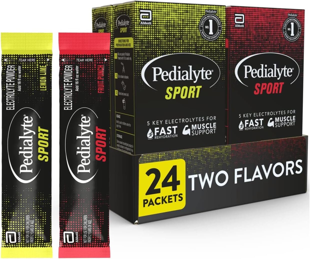 Pedialyte Sport Electrolyte Powder, Fast Hydration with 5 Key Electrolytes for Muscle Support Before, During,  After Exercise, 12 Lemon Lime  12 Fruit Punch, 0.49-oz Packets (24 Count)