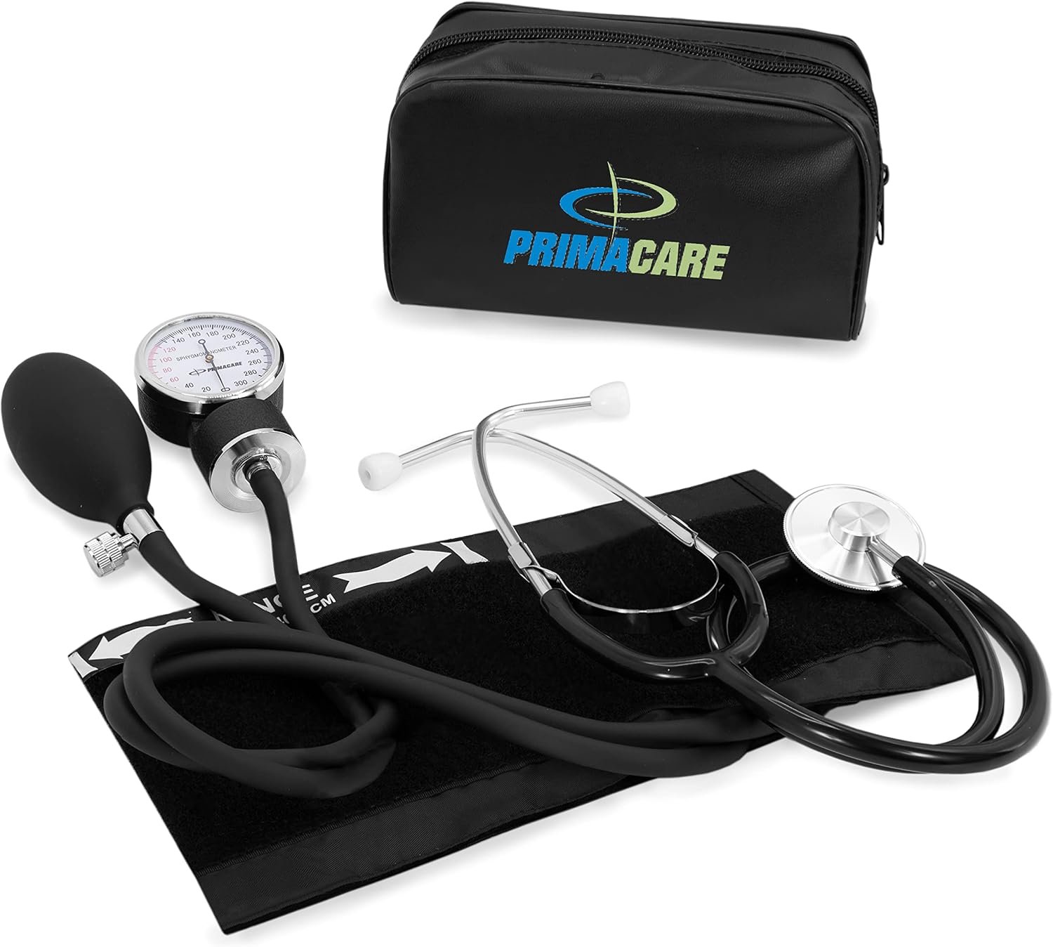 PrimaCare Medical DS-9197-BK Professional Classic Series Manual Adult Size Blood Pressure Kit, Emergency Bp kit with Stethoscope and Portable Leatherette Case, Nylon Cuff, Black