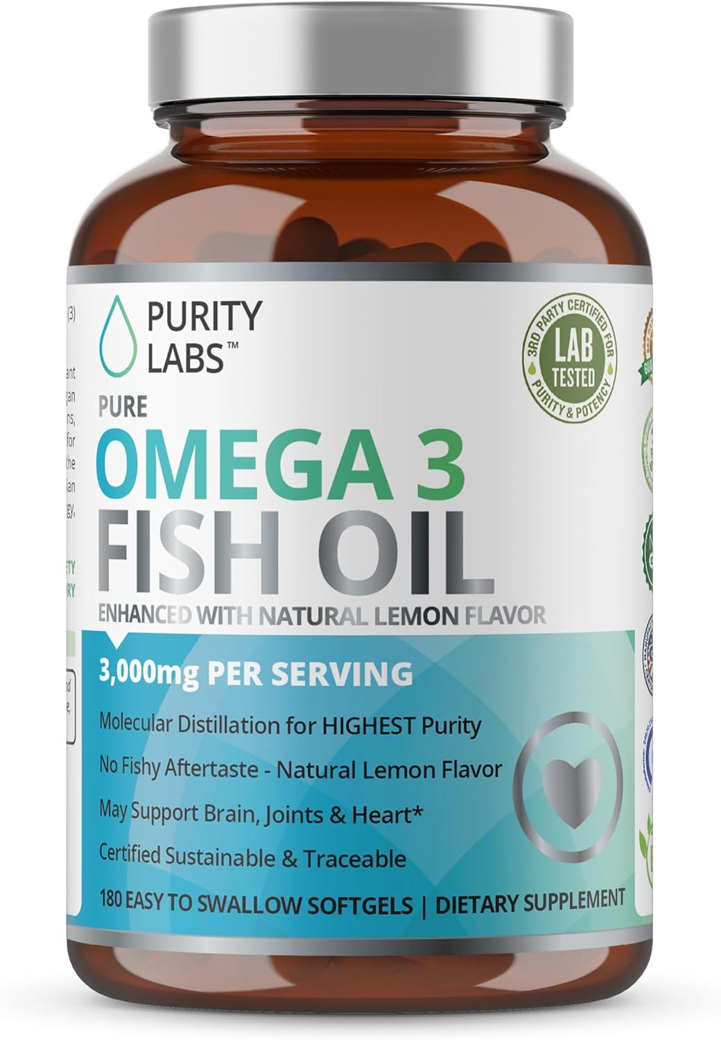 Purity Labs Omega 3 Fish Oil 3000mg – DHA  EPA Omega 3 Fatty Acid Supplements to Support Heart and Brain Health - Immune Support Supplement - 180 Softgels (60 Servings)