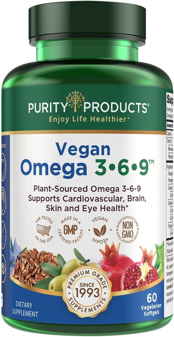 Purity Products Omega 3-6-9 Vegan and Vegetarian Omega Formula - “5 in 1” Essential Fatty Acid Complex - Scientifically Formulated Plant-Based Omega 3 6 9 Essential Fatty Acids (EFA) - from (60)