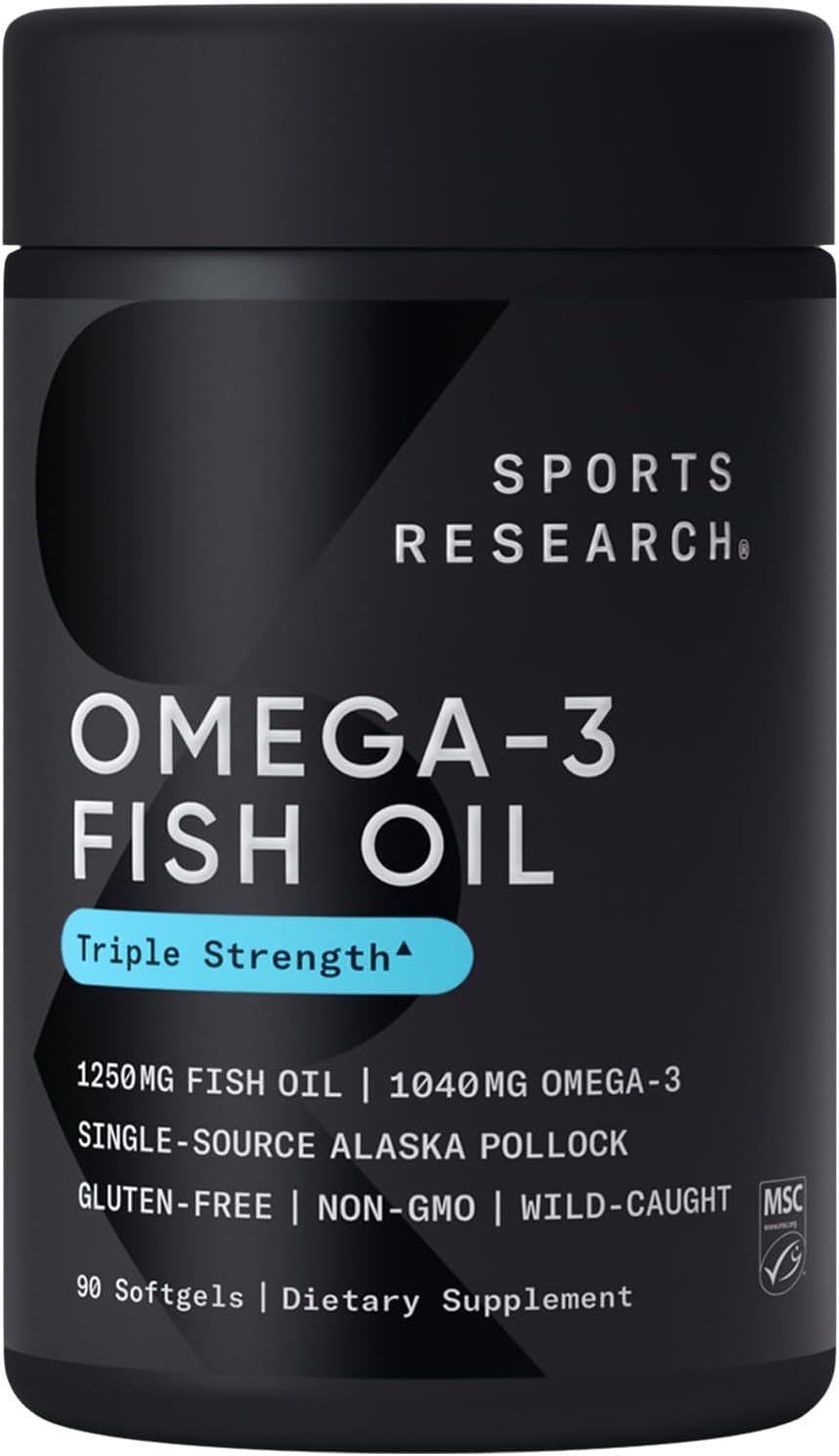 Sports Research Triple Strength Omega 3 Fish Oil - Burpless Fish Oil Supplement w/EPA  DHA Fatty Acids from Single-Source Wild Alaskan Pollock - 1250 mg, 90 ct