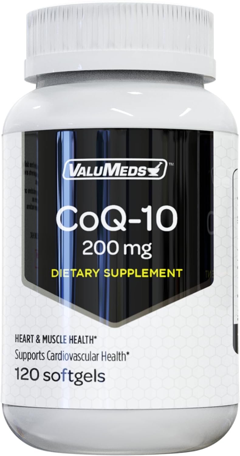 ValuMeds CoQ-10 Non-GMO Coenzyme Q10 Supplement, 120 Softgels | for Heart Health and Energy Support | Gluten Free for High Blood Pressure (200 mg)