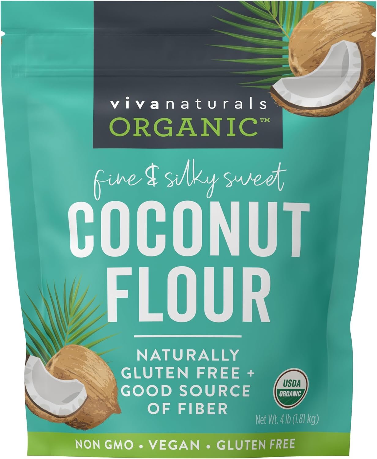 Viva Naturals Organic Coconut Flour (4 lbs) - Gluten Free Flour Substitute for Keto, Paleo and Vegan Baking, Low Fat and Fiber-Rich Coconut Baking Flour, Non-GMO, Unbleached and Unrefined, 1.81 kg