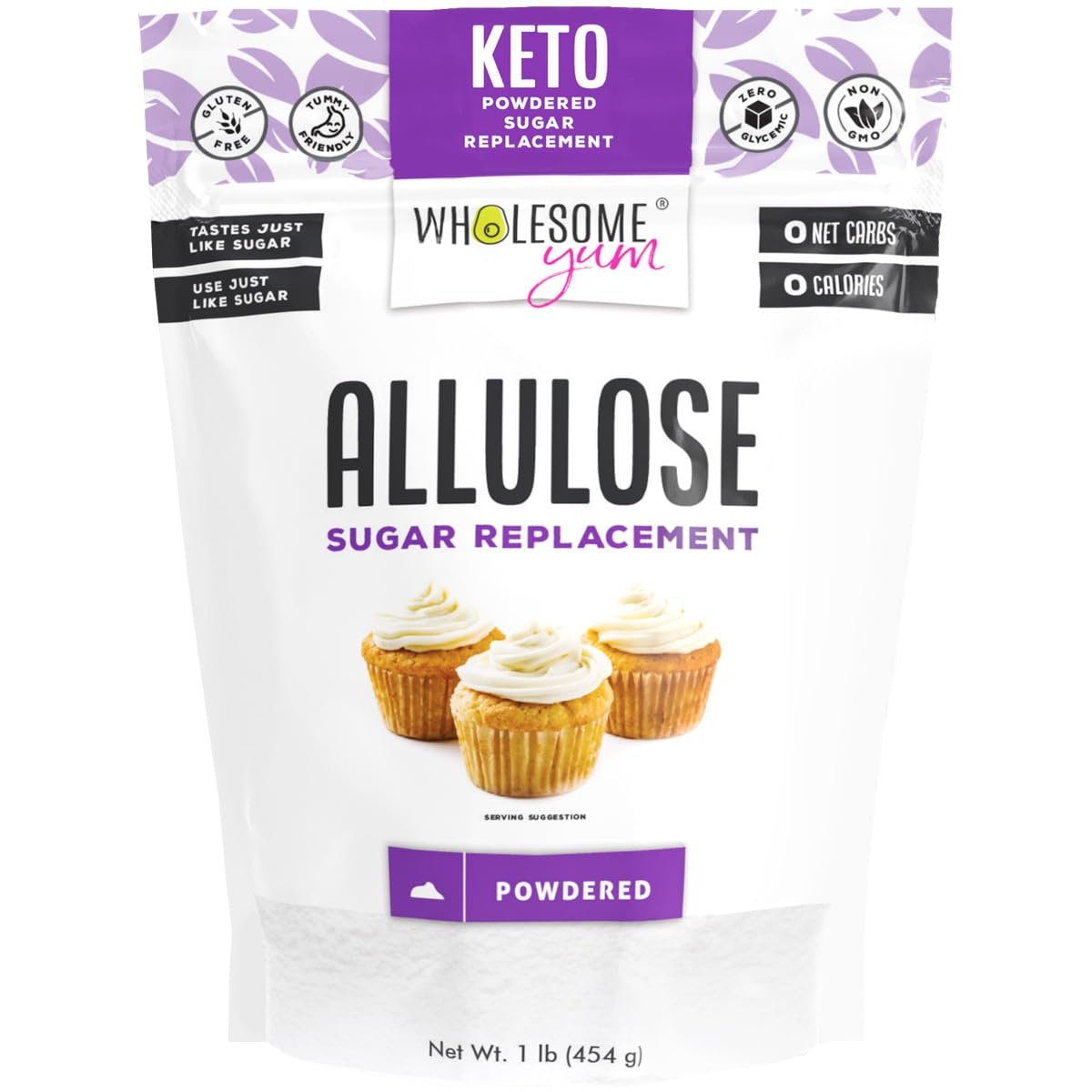 Wholesome Yum Powdered Allulose Sweetener - Natural Powdered Sugar Substitute - Keto, Non GMO, Zero Carb, 0 Calorie, Sugar Free, No Aftertaste Tummy Friendly - Confectioners Sugar Replacement (1 lb)