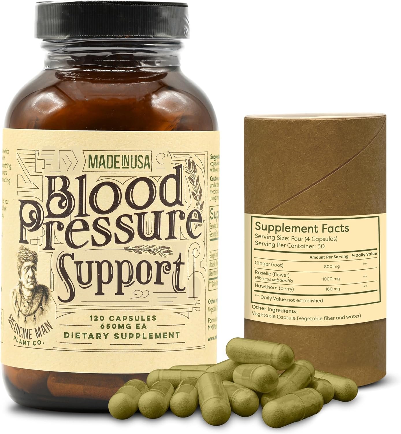 Medicine Man Plant Co. Blood Pressure Support 120 Capsules - Natural Herbal Pills with Hawthorn, Rosella Hibiscus, and Ginger - Organic and Herbal Supplement