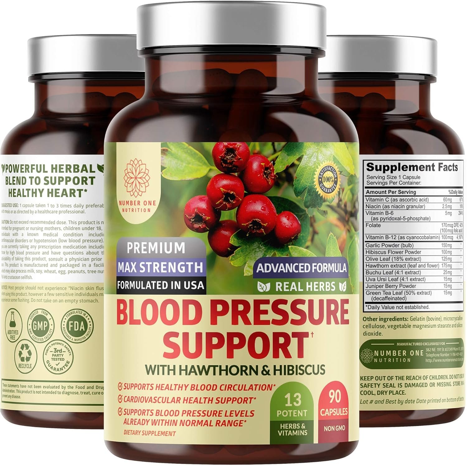 N1N Premium Blood Pressure Support with Hawthorn and Hibiscus [13 Potent Ingredients], Natural Supplement to Support Cardiovascular  Circulatory Health, 90 Caps