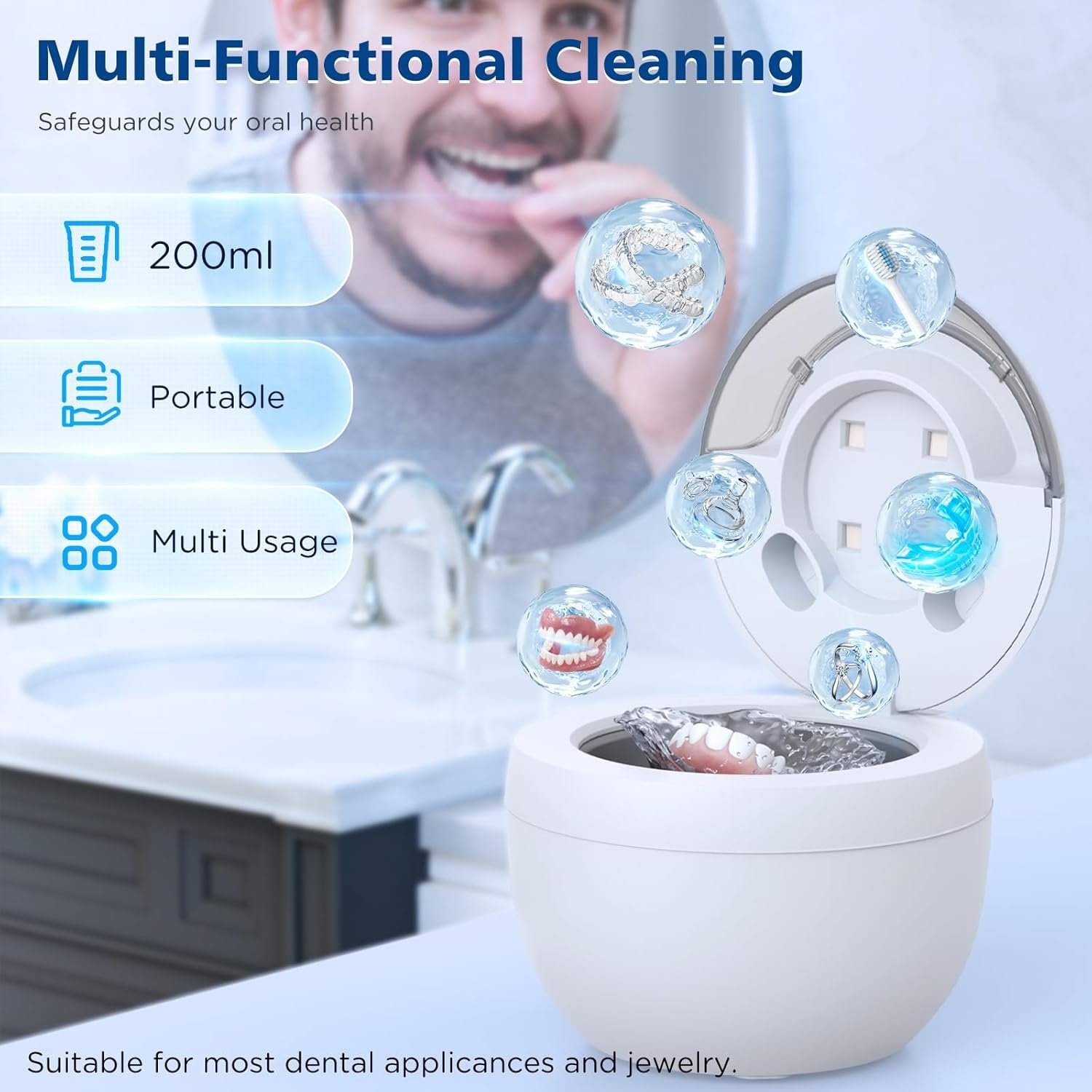 45kHz Ultrasonic Retainer Cleaner Machine, 200ML Denture Cleaner, 4 Modes with Digital Timer Mouth Guard Cleaner for Aligner, Night guard, Braces, Toothbrush, Jewelry and More (White)