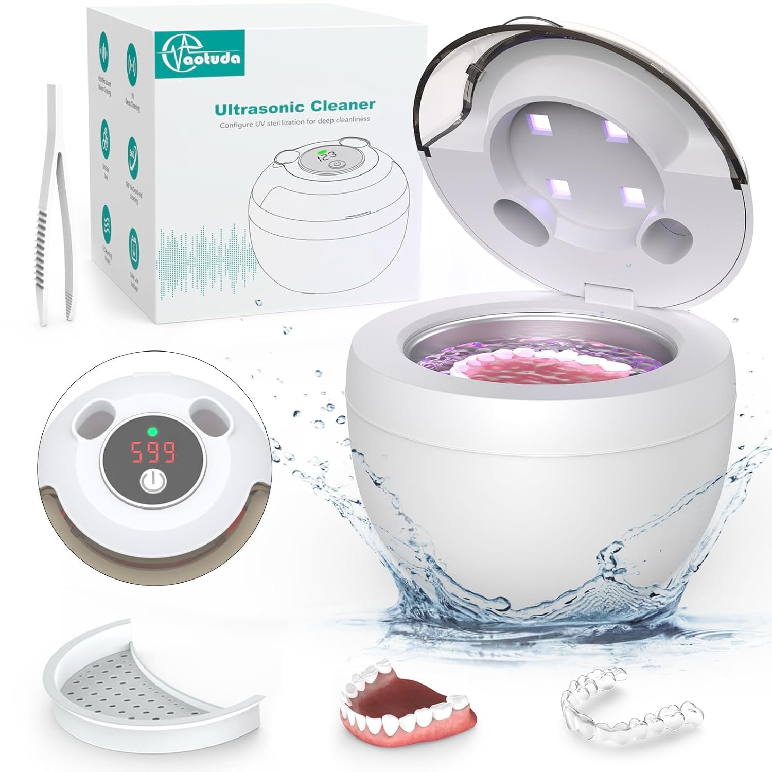 45kHz Ultrasonic Retainer Cleaner Machine, 200ML Denture Cleaner, 4 Modes with Digital Timer Mouth Guard Cleaner for Aligner, Night guard, Braces, Toothbrush, Jewelry and More (White)