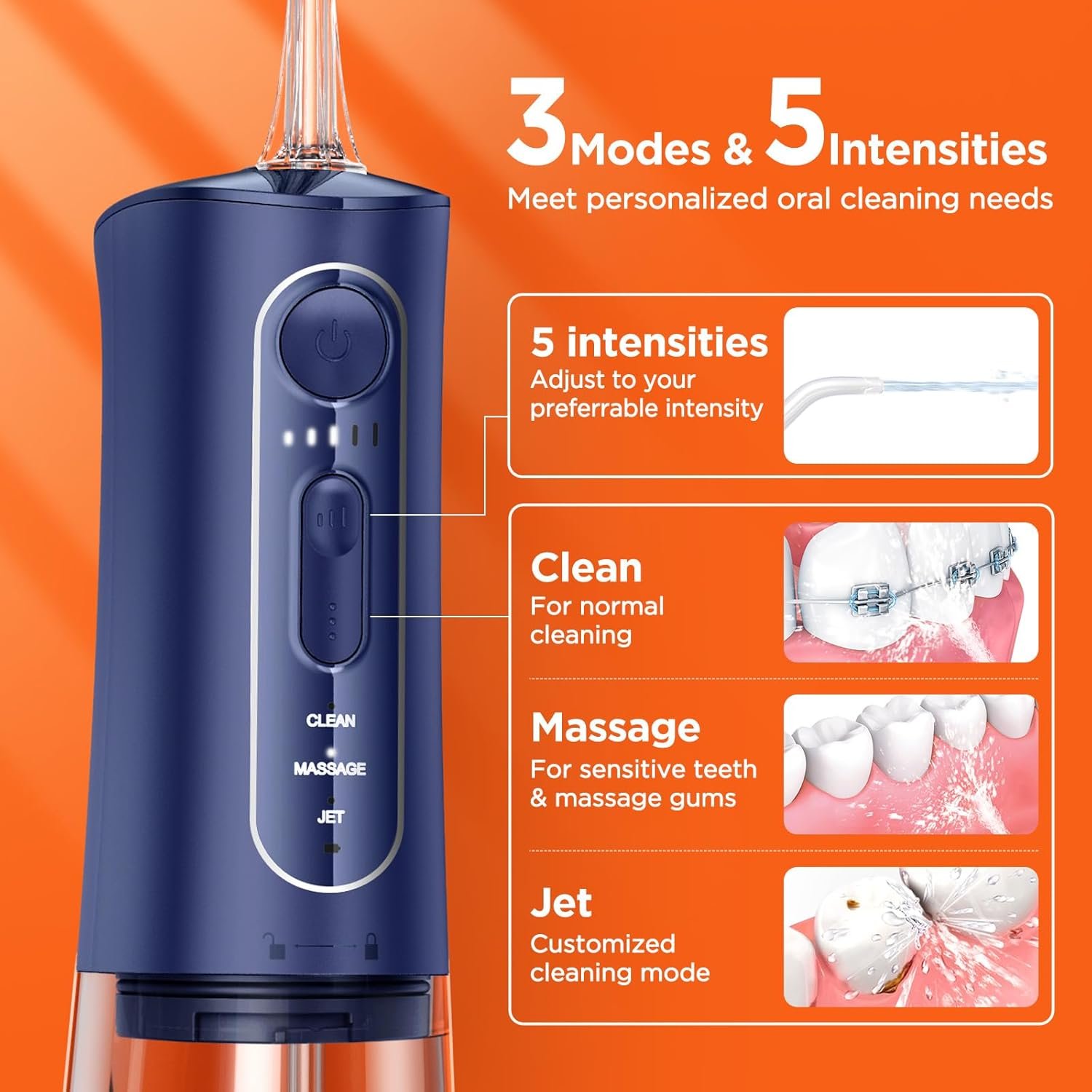 Bitvae C5 Water Dental Flosser for Teeth, Cordless Water Teeth Cleaner Picks, 3 Modes 5 Intensities, IPX7 Waterproof Water Flosser, 5 Tips Rechargeable Water Dental Picks for Cleaning - Black