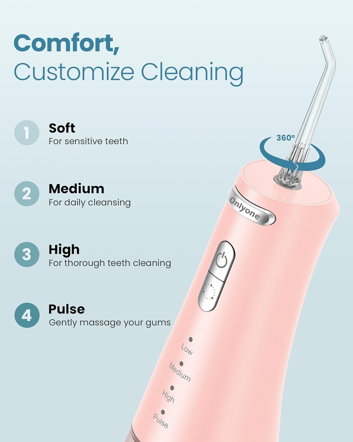 Onlyone Water Dental Flosser Pick for Teeth, 300ML Portable Oral Irrigator, Rechargeable Travel Irrigation Cleaner, Professional Electric Flossing Cleaning Picks for Teeth Cleaning,IPX7 Waterproof