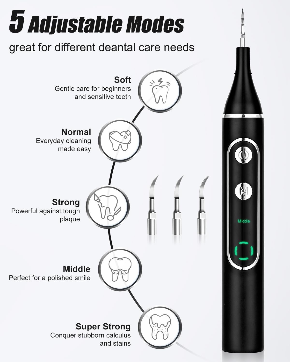 Plaque Remover for Teeth - Teeth Cleaning Tools with 5 Modes, Tongue Scraper, 3 Heads, LED Light and Rechargeable Waterproof Dental Tools to Remove Plaque and Tartar for Home and Travel