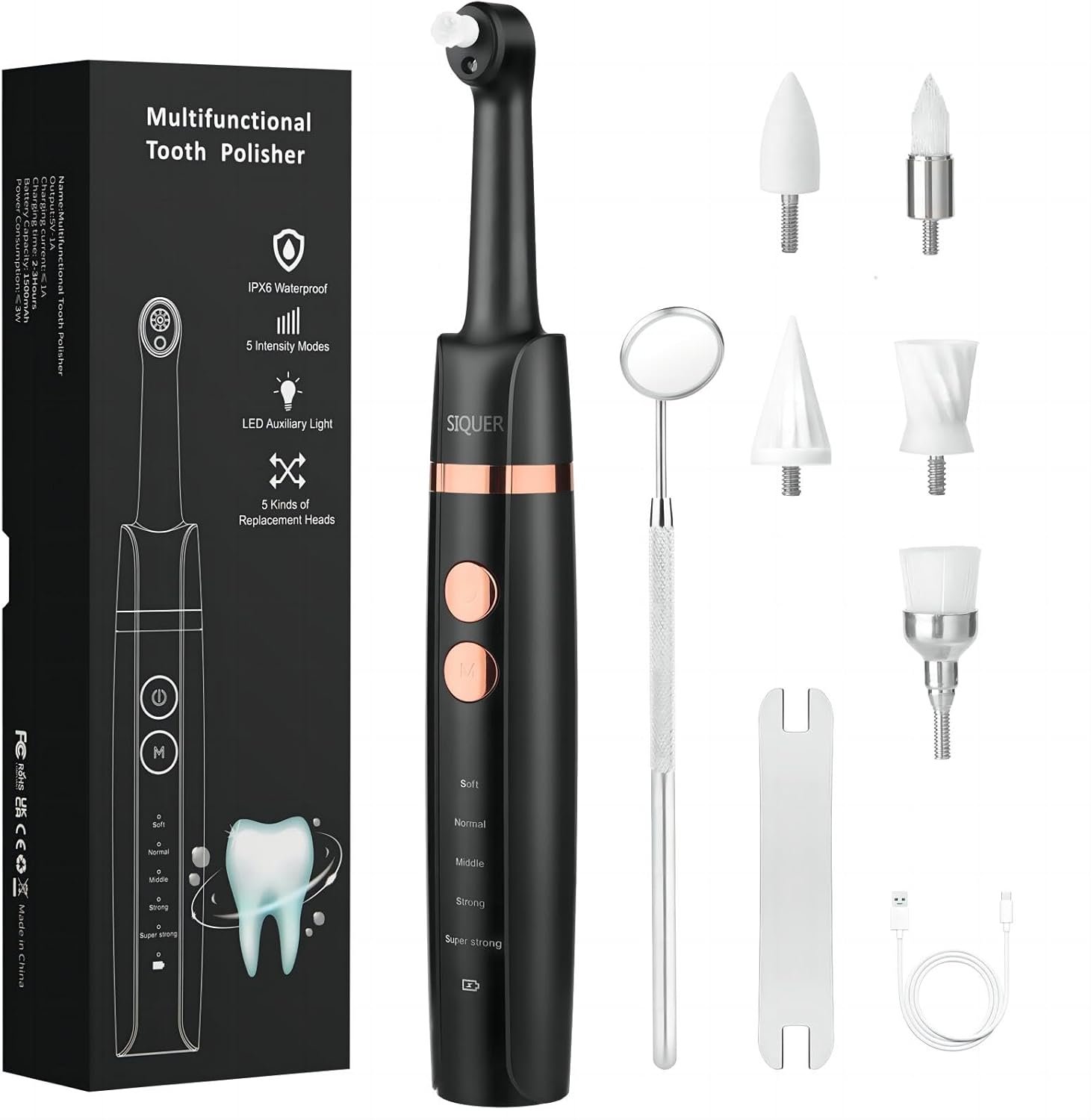 Tooth Polisher - SIQUER Plaque Remover for Teeth Whitening Dental Tools Electric Tartar Polishing Teeth Cleaning Kit with LED Light 5 Speed Modes with 5 Replacement Brush Heads (Black)