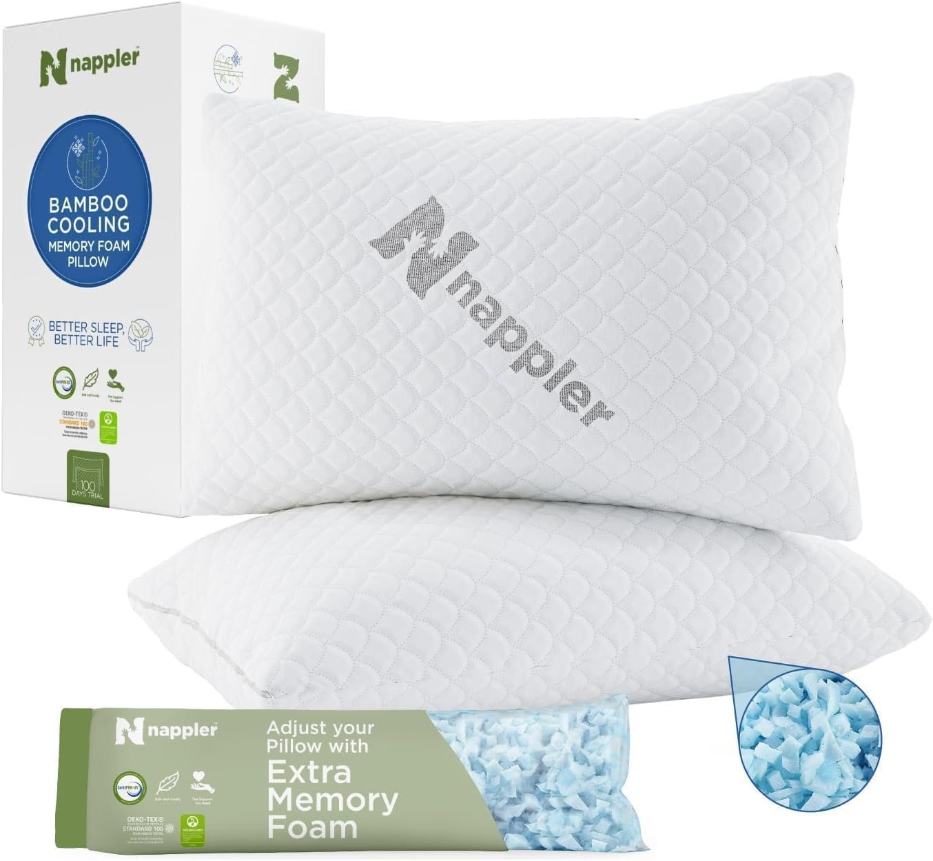 Cooling Pillow for hot Sleepers - Bed Pillows Queen Size Premium Set of 2 - Adjustable Shredded Memory Foam - Medium to Firm Pillows for Back, Stomach  Side Sleepers -Washable Cover