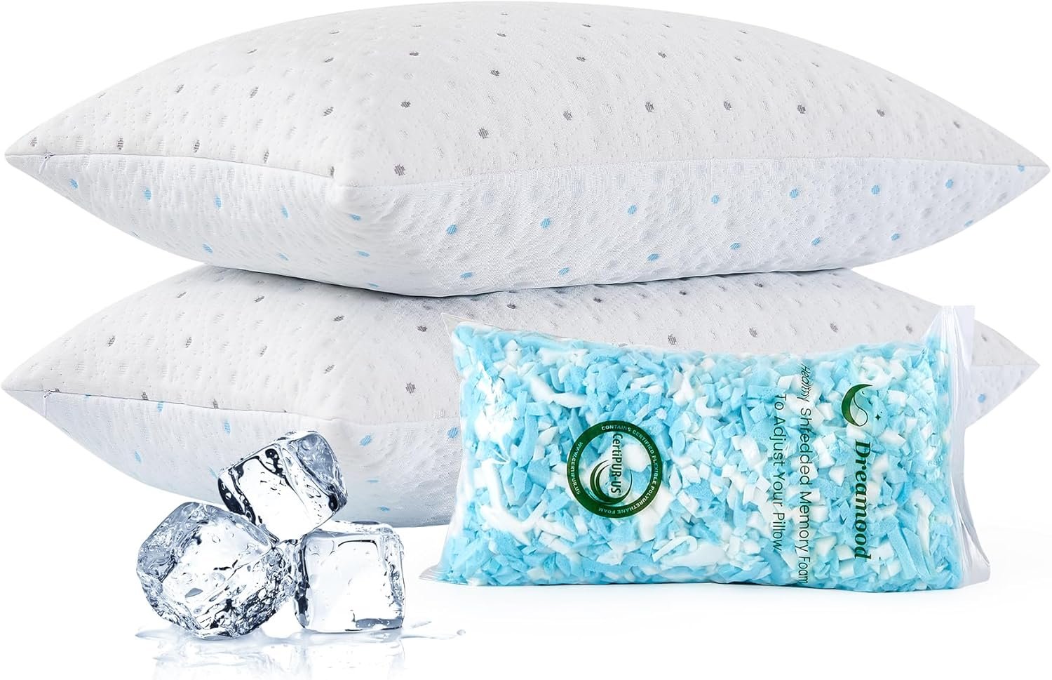 Cooling Pillows Queen Size Pillows Set of 2 with Extra Stuffing 100% Shredded Memory Foam Pillows with Washable Cover Bed Pillows for Side Back Stomach Sleeper Hypoallergenic