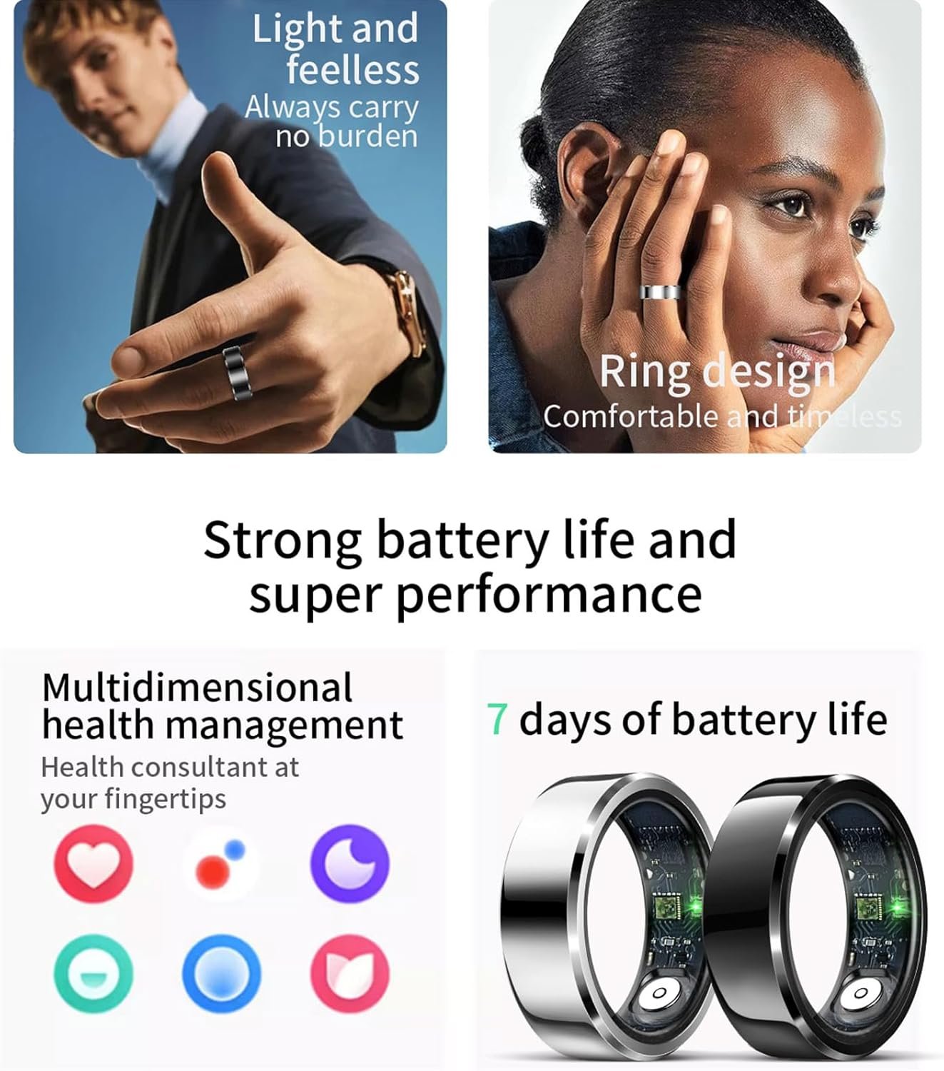 HitTopss Smart Ring, Fitness Sleep Health Tracker Rings for Men Women, No APP Subscription, Sleep Tracking, Heart Rate, Blood Oxygen, IP68 Waterproof (Black, 9#)