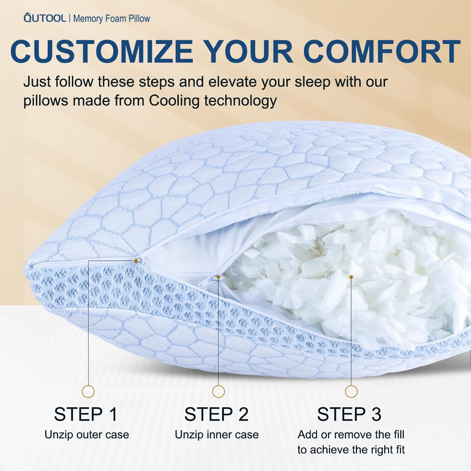 QUTOOL Cooling Pillows for Sleeping 2 Pack, Shredded Memory Foam Bed Pillows Queen Size Set of 2, Gel Pillow for Hot Sleepers Cool Pillow for Side Back and Stomach Sleepers, Cold Pillow, Supportive