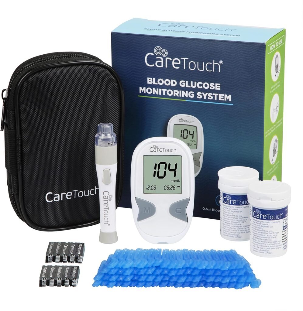 Care Touch Blood Glucose Monitor Kit-Diabetes Testing Kit w/1 Glucometer 100 Caretouch Blood Glucose Test Strips 1 Lancing Device 100 Lancets  Travel Case-Blood Glucose Monitors, Blood Sugar Test Kit
