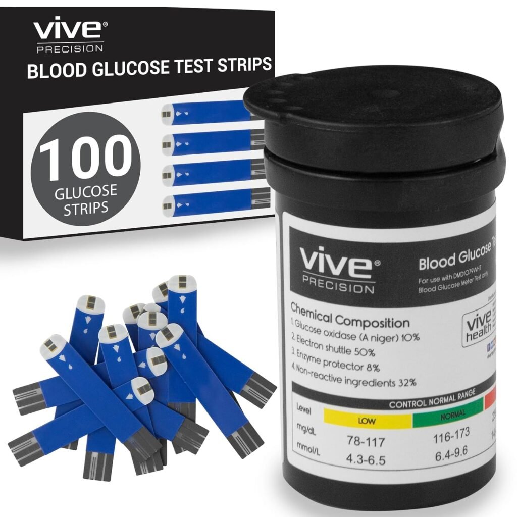 Vive Blood Glucose Monitor Test Strips Kit (100 Test Strips  Lancets) - Easy To Use Blood Sugar Glucometer - Diabetes Meter w/Phone App Compatibility - Store  View Historical Data